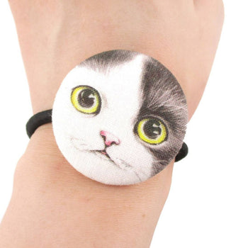 Black and White Kitty Cat Face Shaped Button Hair Tie Ponytail Holder