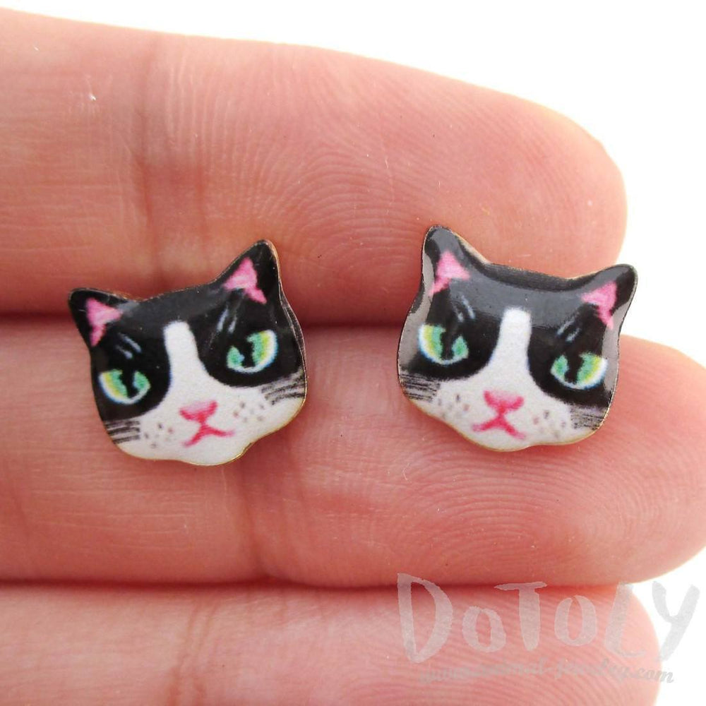 Black and White Kitty Cat Hand Drawn Face Shaped Stud Earrings | Animal Jewelry | DOTOLY