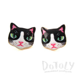 Black and White Kitty Cat Hand Drawn Face Shaped Stud Earrings | Animal Jewelry | DOTOLY
