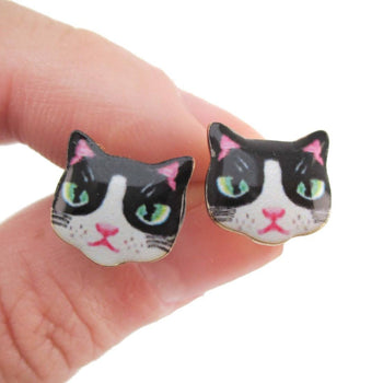 Black and White Kitty Cat Hand Drawn Face Shaped Stud Earrings | Animal Jewelry | DOTOLY