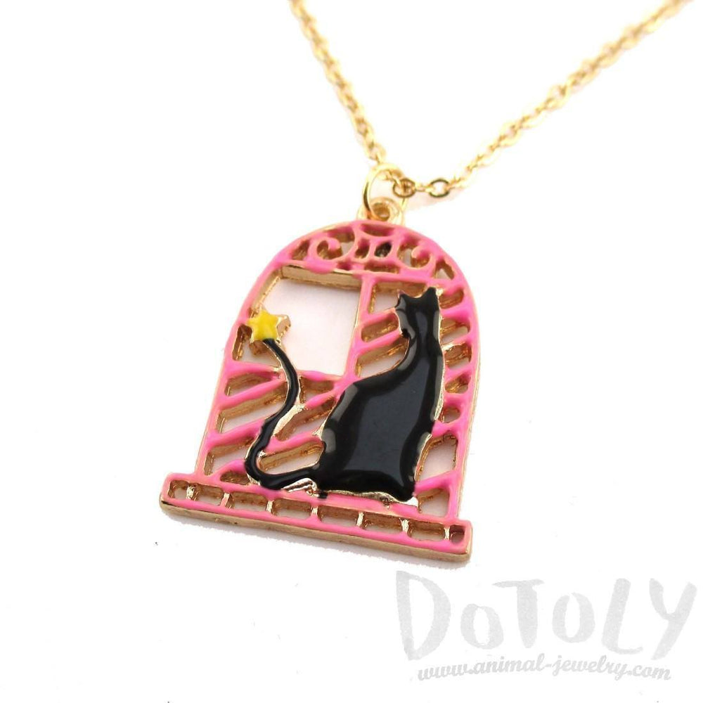 Black Cat in a Window Shaped Pendant Necklace | Animal Jewelry | DOTOLY