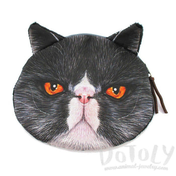 Black Grumpy Kitty Cat Face Shaped Coin Purse Make Up Bag with Orange Eyes | DOTOLY