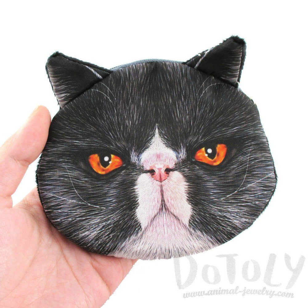 Black Grumpy Kitty Cat Face Shaped Coin Purse Make Up Bag with Orange Eyes | DOTOLY