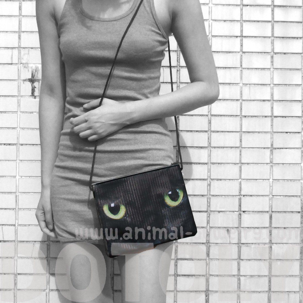 Black Kitty Cat With Green Eyes Print Rectangular Shaped Cross Body Bag | DOTOLY