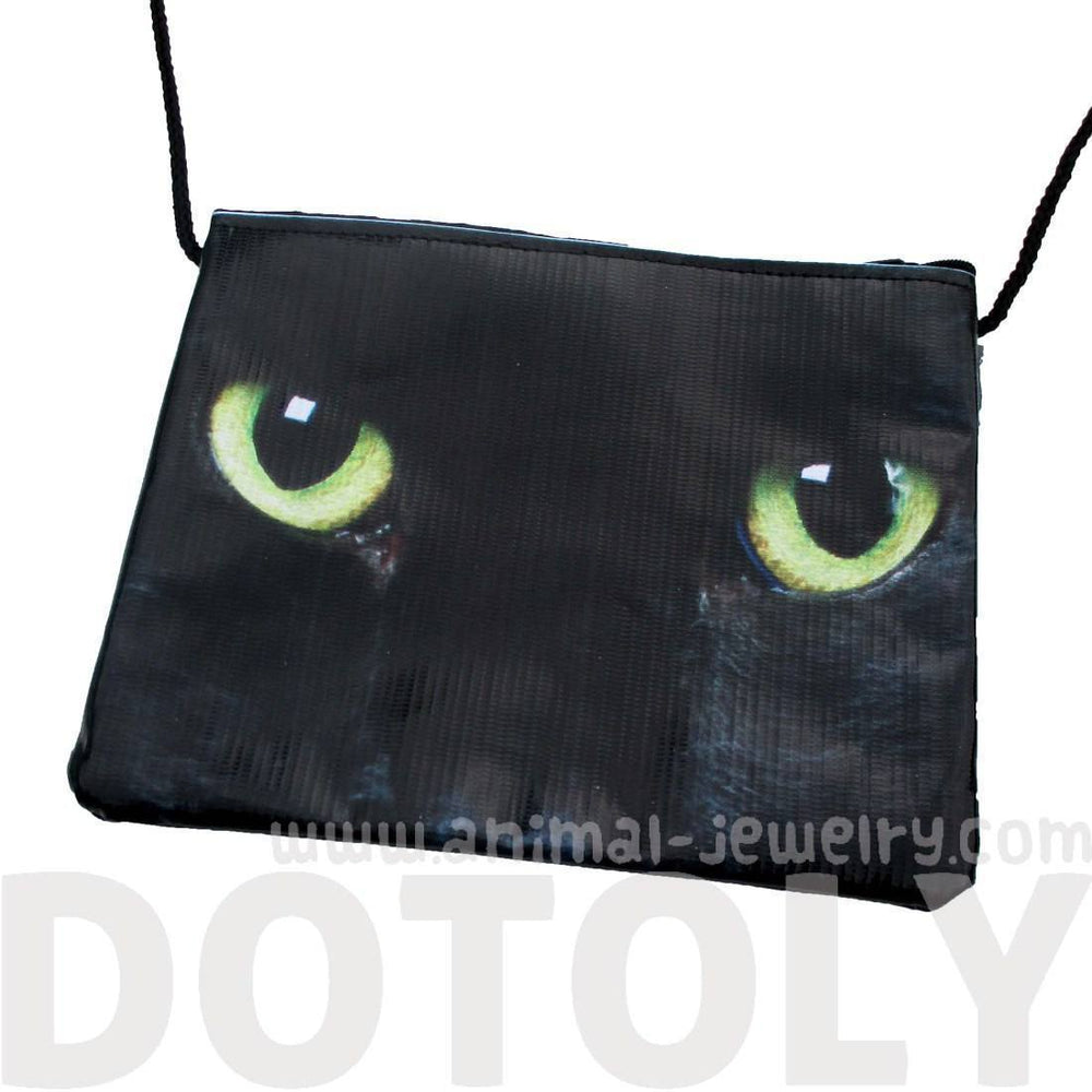 Black Kitty Cat With Green Eyes Print Rectangular Shaped Cross Body Bag | DOTOLY
