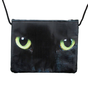 Black Kitty Cat With Green Eyes Print Rectangular Shaped Cross Body Bag | DOTOLY