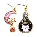 Kitty Cat Pink Crescent Moon Star Space Cat Light Bulb Shaped Stud Earrings