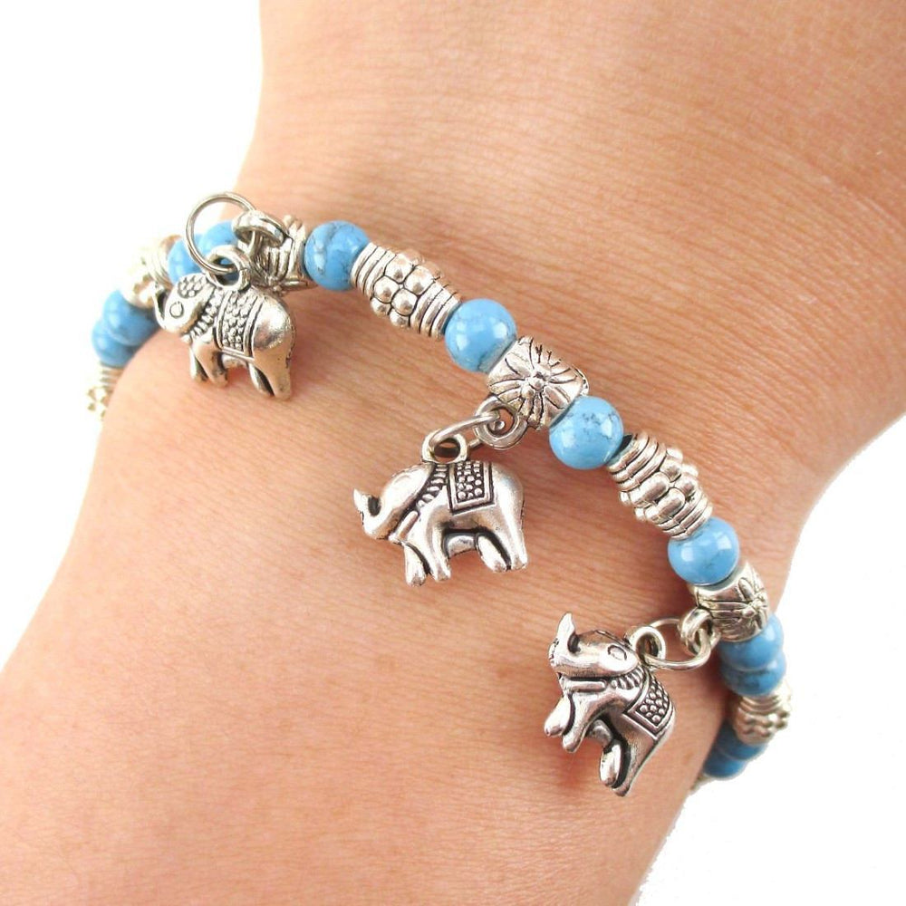 Blue Beaded Elephant Charm Bracelet in Silver | Animal Jewelry | DOTOLY