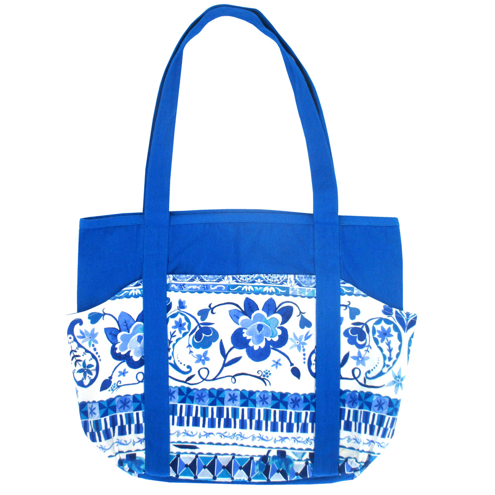 Large Utility Floral Print Blue Canvas Shoulder Tote Diaper Bag for Women