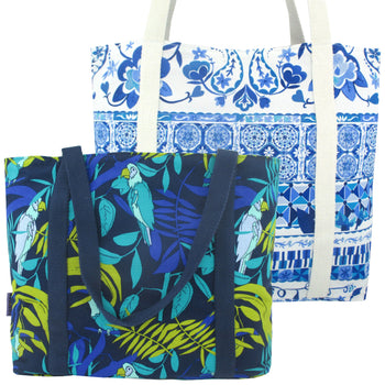 Blue Floral Tropical Bird Print Large Utility Zip Closure Market Tote Bag