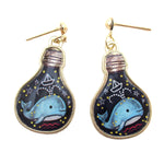 Blue Whale Sailboats in Space Light Bulb Terrarium Shaped Drop Stud Earrings