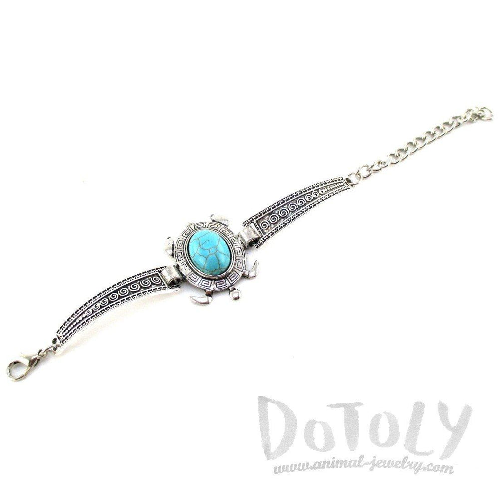 Boho Chic Sea Turtle Bracelet in Silver with Turquoise Beaded Detail