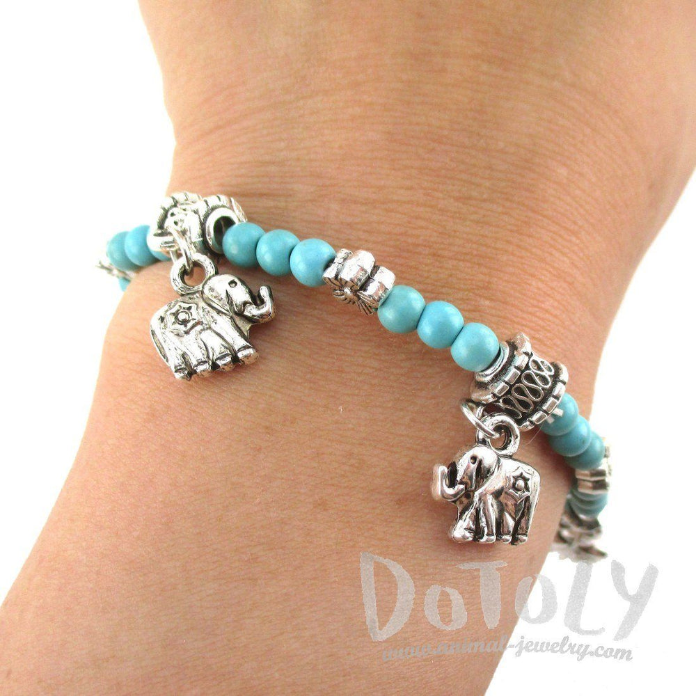 Boho Chic Turquoise Beaded Elephant Floral Charm Stretchy Bracelet