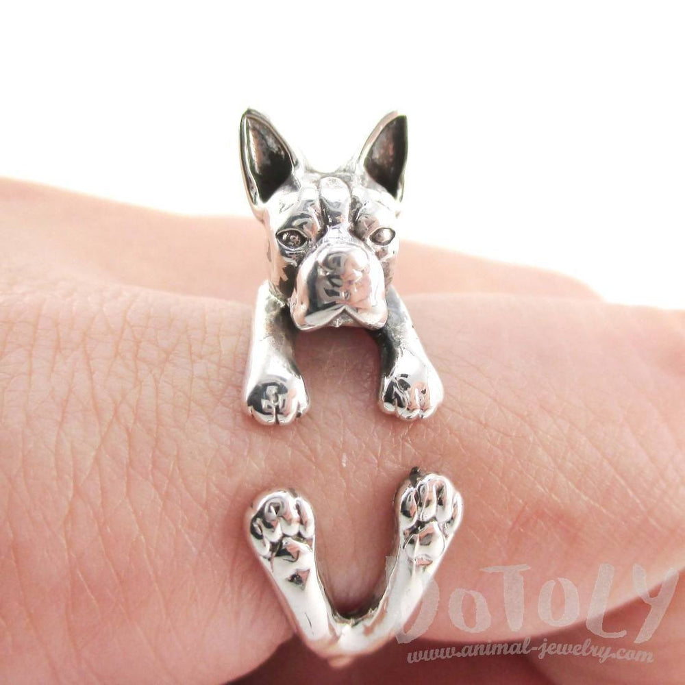 Boston Terrier Dog Shaped Animal Wrap Ring in 925 Sterling Silver | US Sizes 5 - 8.5 | DOTOLY