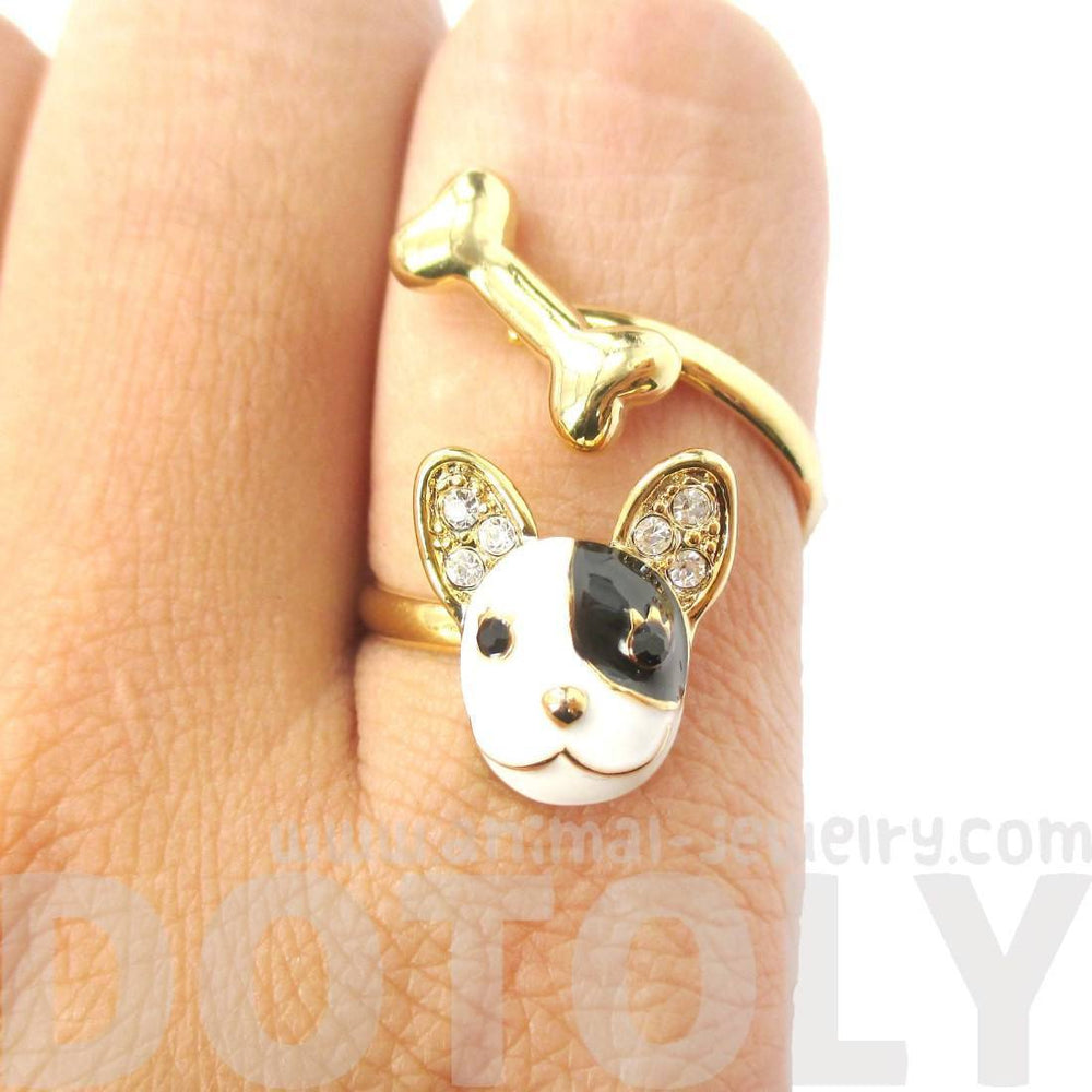 Boston Terrier Puppy Face and Bone Shaped Adjustable Wrap Ring | Gifts for Dog Lovers | DOTOLY