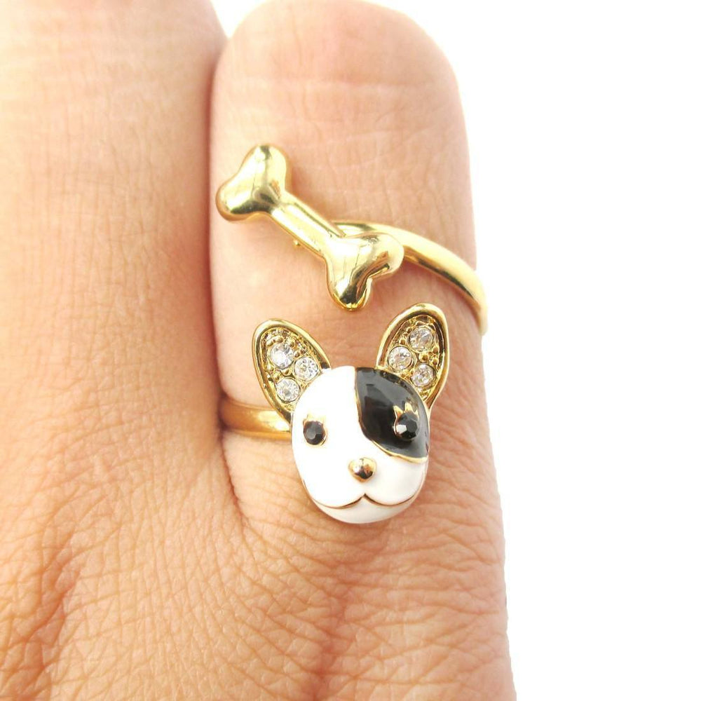 Boston Terrier Puppy Face and Bone Shaped Adjustable Wrap Ring | Gifts for Dog Lovers | DOTOLY