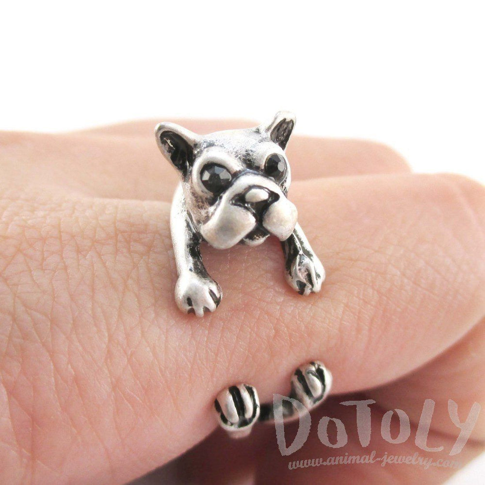 Boston Terrier Puppy Shaped Animal Wrap Ring in Silver | US Size 5 to 8 | DOTOLY