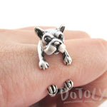 Boston Terrier Puppy Shaped Animal Wrap Ring in Silver | US Size 5 to 8 | DOTOLY