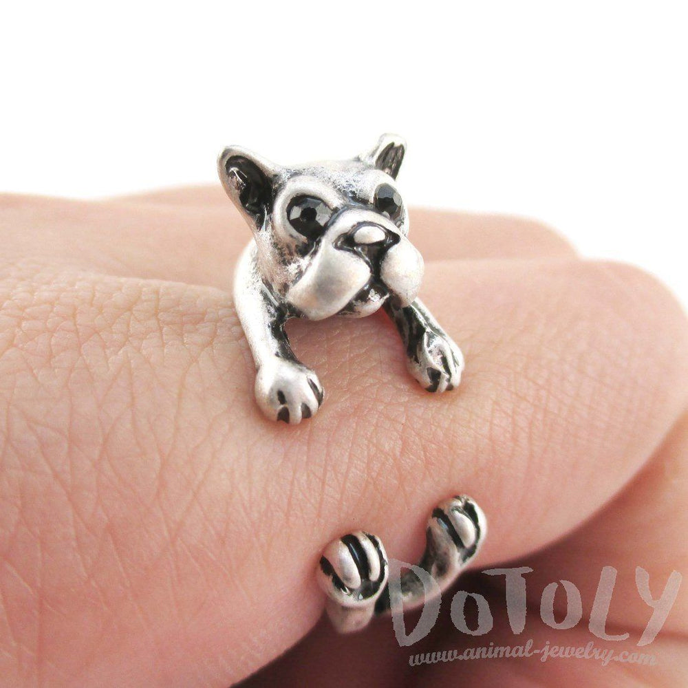 Boston Terrier Puppy Shaped Animal Wrap Ring in Silver | US Size 5 to 8 | DOTOLY