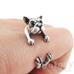 Boston Terrier Puppy Shaped Animal Wrap Ring in Silver | US Size 5 to 8 | DOTOLY