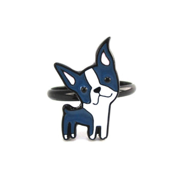 Boston Terrier Shaped Adjustable Enamel Animal Ring for Dog Lovers