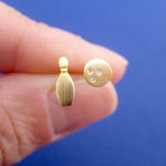 Bowling League Themed Bowling Pin and Ball Shaped Small Stud Earrings in Gold
