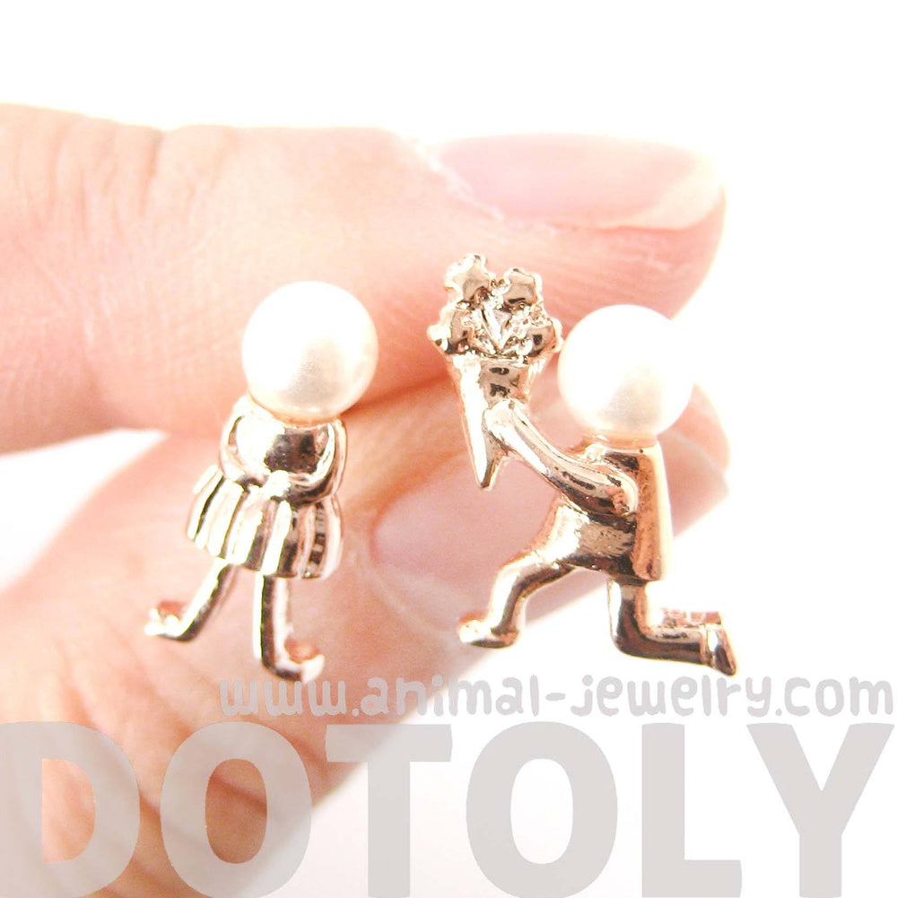 Boy Proposing to Girl Shaped Stud Earrings in Rose Gold with Pearls | DOTOLY | DOTOLY