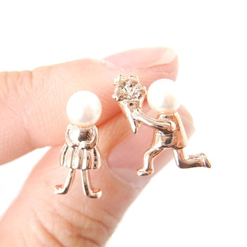 Boy Proposing to Girl Shaped Stud Earrings in Rose Gold with Pearls | DOTOLY | DOTOLY