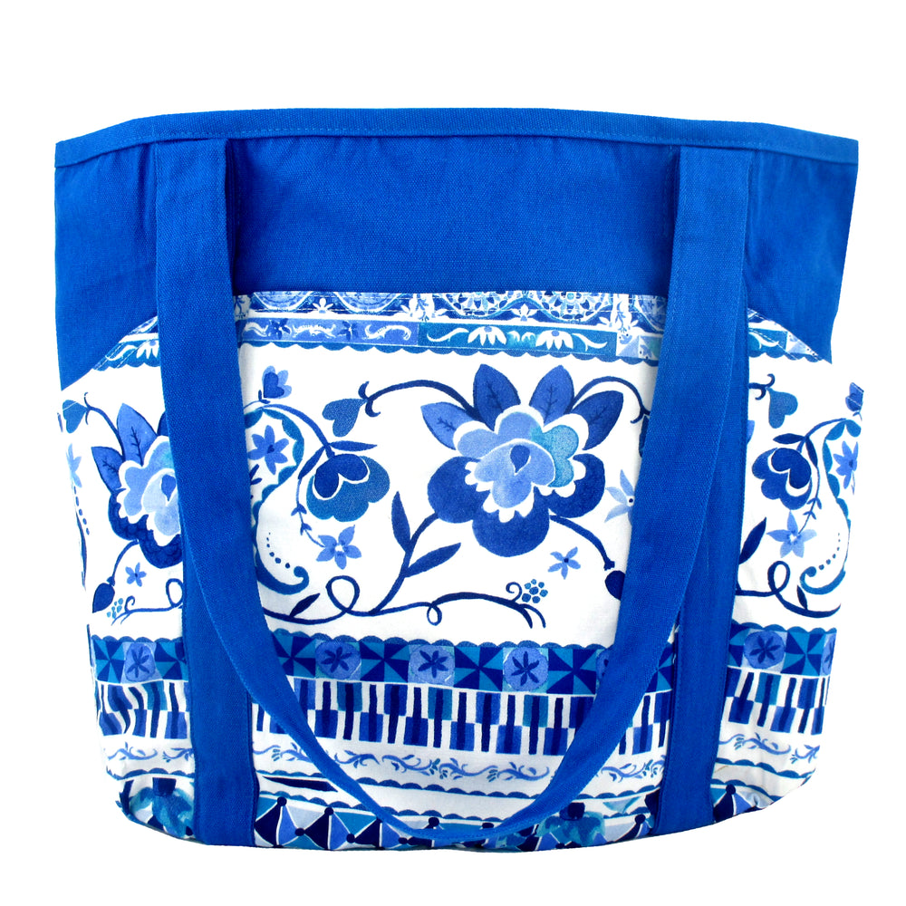 Large Utility Floral Print Blue Canvas Shoulder Tote Diaper Bag for Women