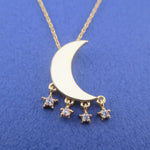 Bright Crescent Moon Pendant Dangling Rhinestone Star Charm Necklace in Gold