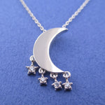 Bright Crescent Moon Pendant Dangling Rhinestone Star Charm Necklace in Silver
