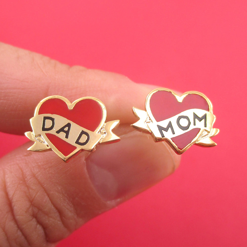 Bright Red Heart Shaped Mom and Dad Tattoo Inspired 925 Sterling Silver Stud Earrings