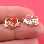 Bright Red Heart Shaped Mom and Dad Tattoo Inspired 925 Sterling Silver Stud Earrings