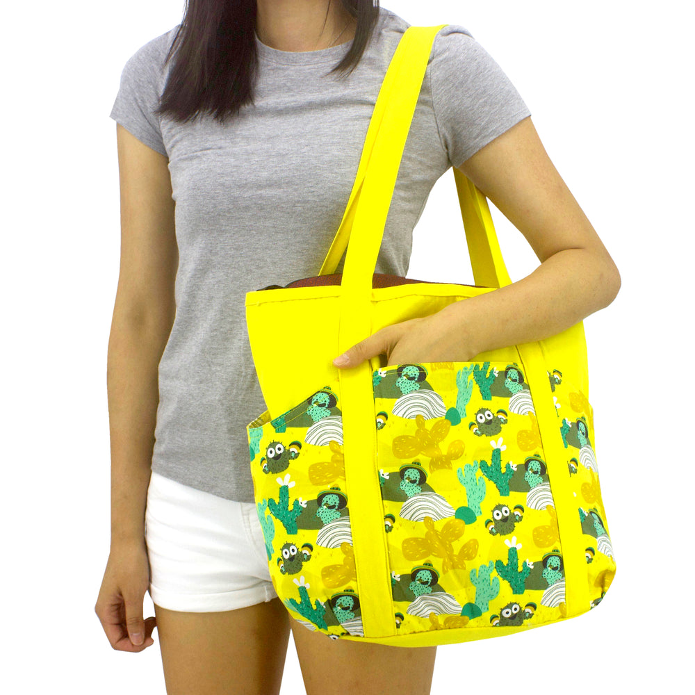Large Shoulder Tote Diaper Bag with Bright Yellow Desert Cactus Print