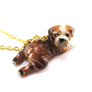 British Bulldog Puppy Dog Porcelain Hand Painted Ceramic Animal Pendant Necklace | Handmade | DOTOLY