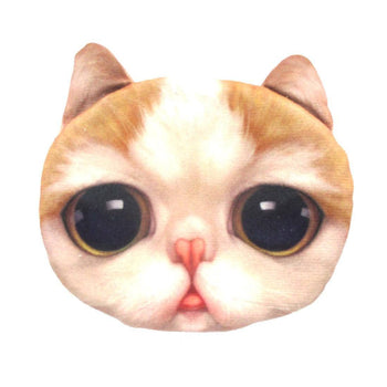 Brown and White Kitty Cat Face Shaped Coin Purse Make Up Bag with Large Round Eyes | DOTOLY