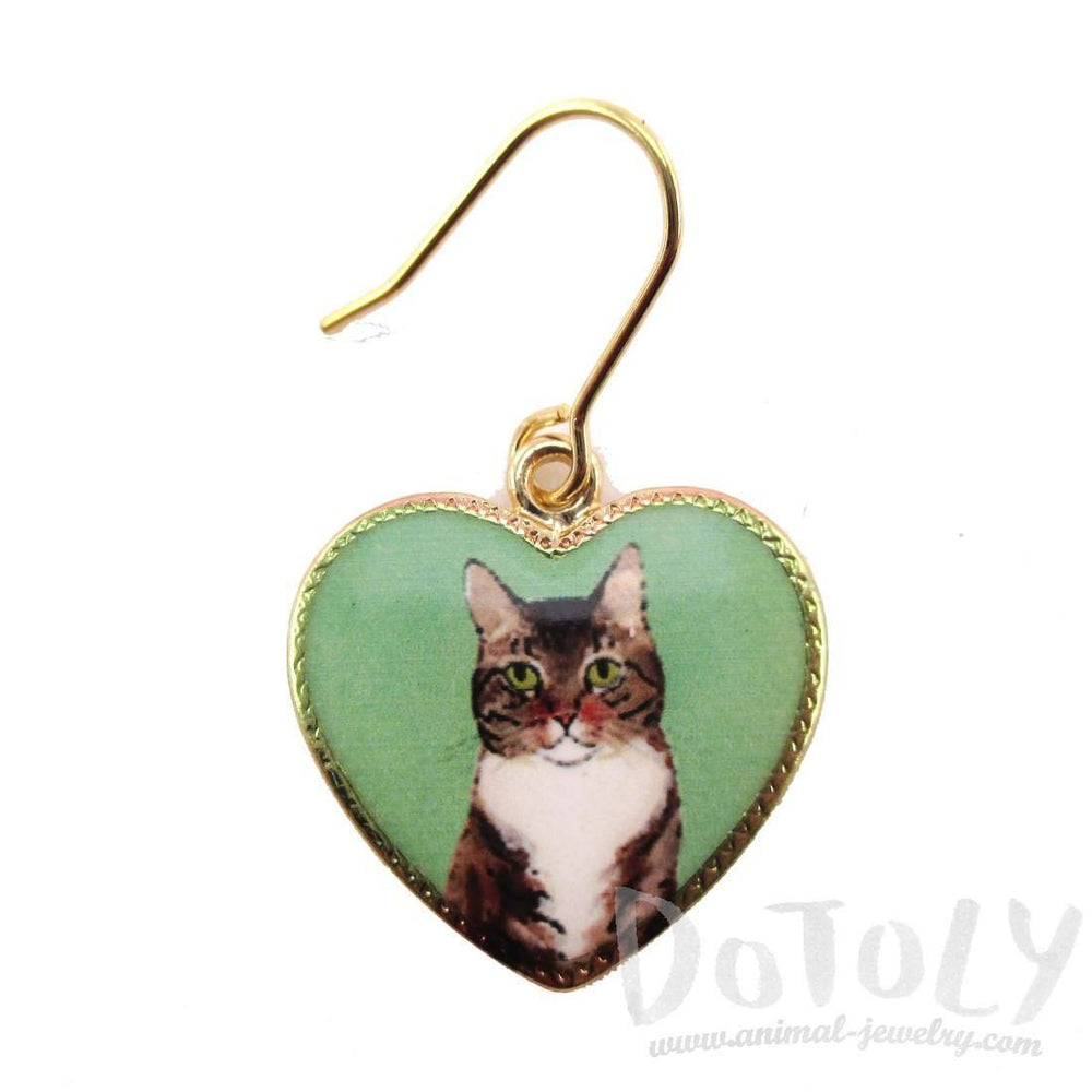 Brown Tabby Kitty Cat Portrait Heart Shaped Dangle Earrings | Animal Jewelry | DOTOLY