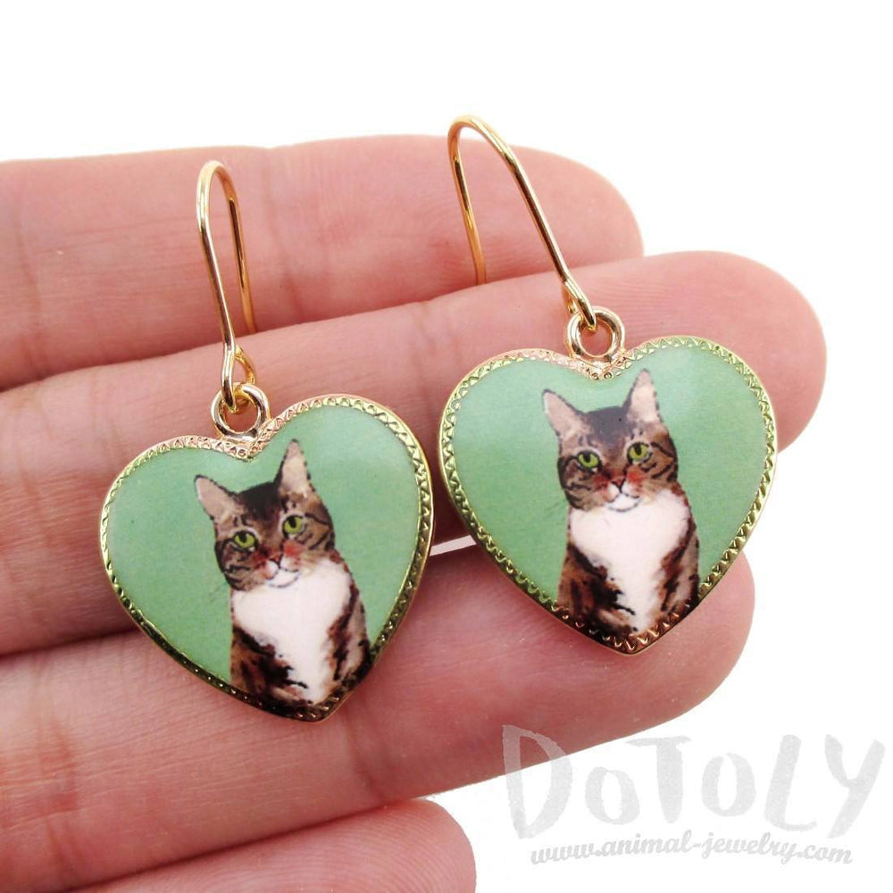 Brown Tabby Kitty Cat Portrait Heart Shaped Dangle Earrings | Animal Jewelry | DOTOLY