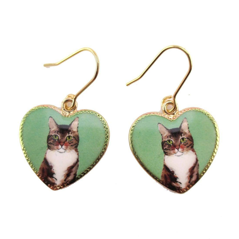 Brown Tabby Kitty Cat Portrait Heart Shaped Dangle Earrings | Animal Jewelry | DOTOLY