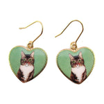 Brown Tabby Kitty Cat Portrait Heart Shaped Dangle Earrings | Animal Jewelry | DOTOLY