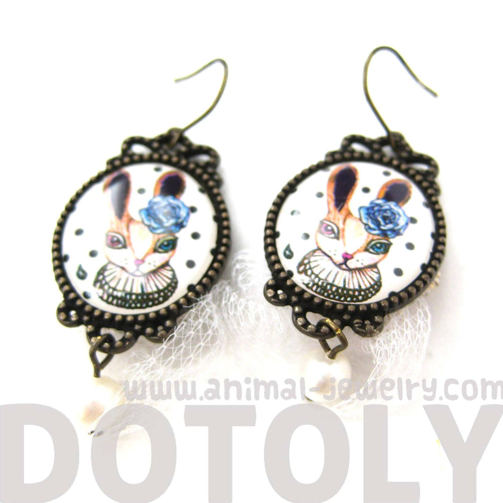 Bunny Rabbit Illustrated Dangle Earrings with Polka Dot Lace and Pearl Details | Animal Jewelry | DOTOLY