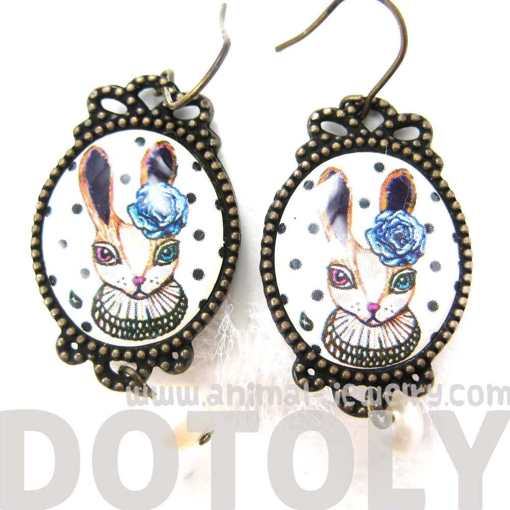 Bunny Rabbit Illustrated Dangle Earrings with Polka Dot Lace and Pearl Details | Animal Jewelry | DOTOLY