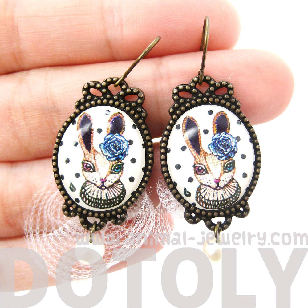 Bunny Rabbit Illustrated Dangle Earrings with Polka Dot Lace and Pearl Details | Animal Jewelry | DOTOLY