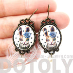 Bunny Rabbit Illustrated Dangle Earrings with Polka Dot Lace and Pearl Details | Animal Jewelry | DOTOLY