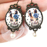 Bunny Rabbit Illustrated Dangle Earrings with Polka Dot Lace and Pearl Details | Animal Jewelry | DOTOLY