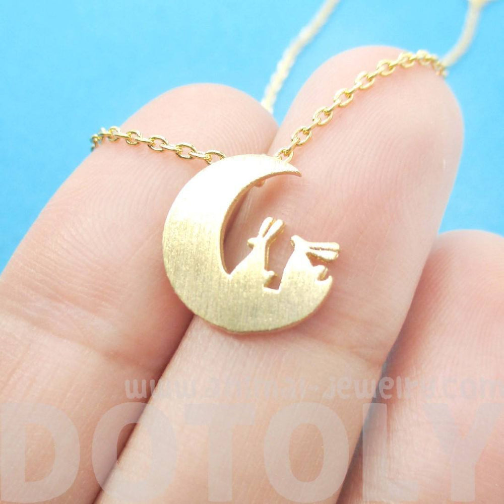 Bunny Rabbit on the Moon Silhouette Shaped Pendant Necklace in Gold | Animal Jewelry | DOTOLY