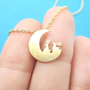 Bunny Rabbit on the Moon Silhouette Shaped Pendant Necklace in Gold | Animal Jewelry | DOTOLY