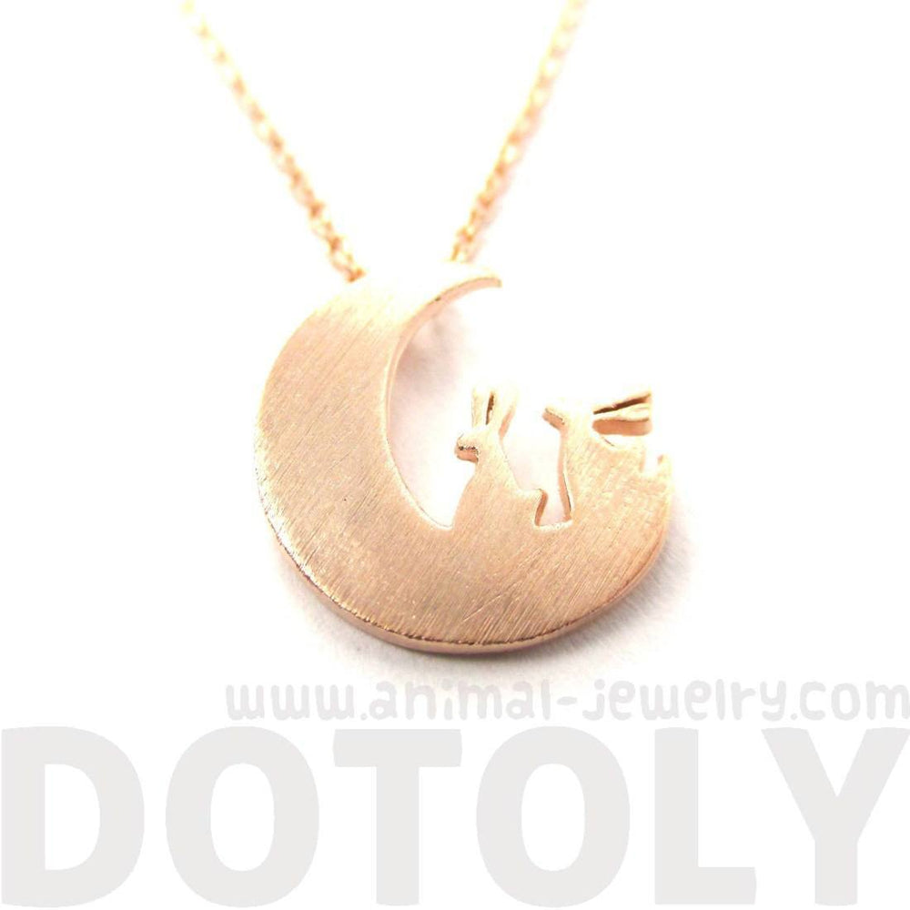 Bunny Rabbit on the Moon Silhouette Shaped Pendant Necklace in Rose Gold | Animal Jewelry | DOTOLY