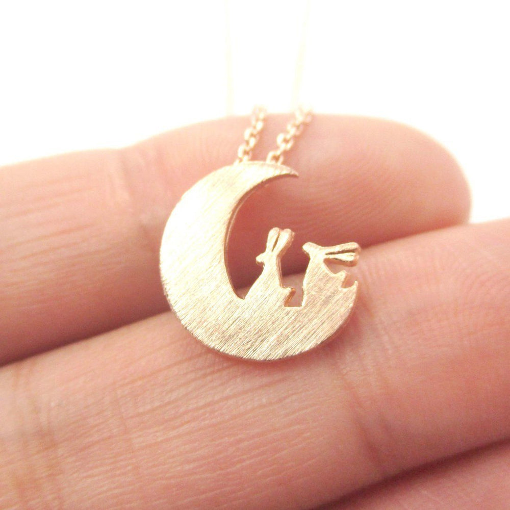 Bunny Rabbit on the Moon Silhouette Shaped Pendant Necklace in Rose Gold | Animal Jewelry | DOTOLY