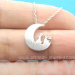 Bunny Rabbit on the Moon Silhouette Shaped Pendant Necklace in Silver | Animal Jewelry | DOTOLY